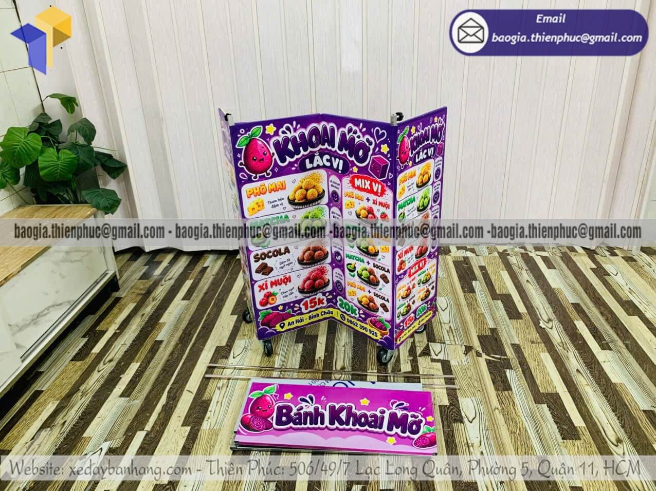 Đặt xe bạt bán bánh khoai mỡ chiên mini xếp gọn cho sự kiện hội chợ khai trương