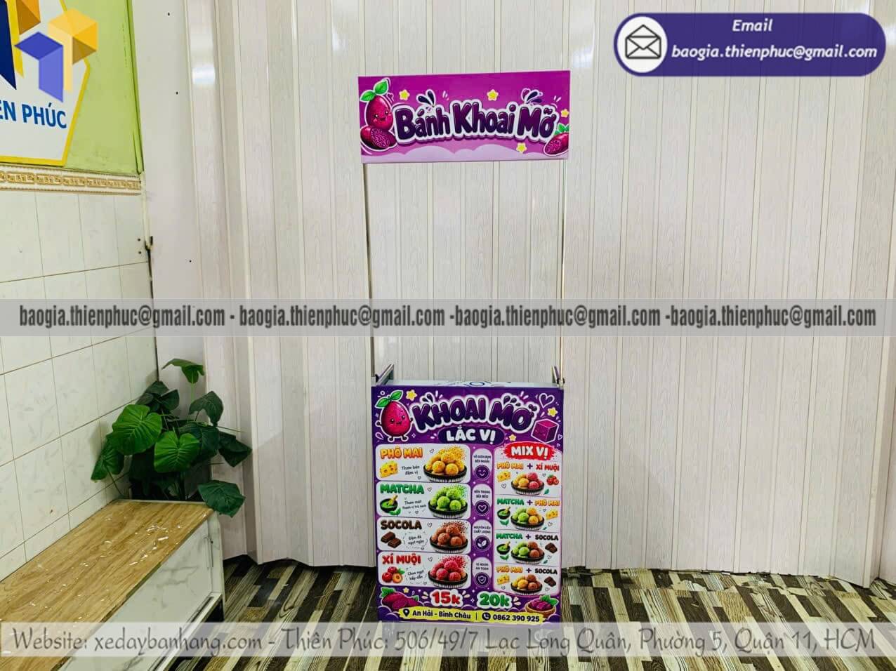 Đặt xe bạt bán bánh khoai mỡ chiên mini xếp gọn