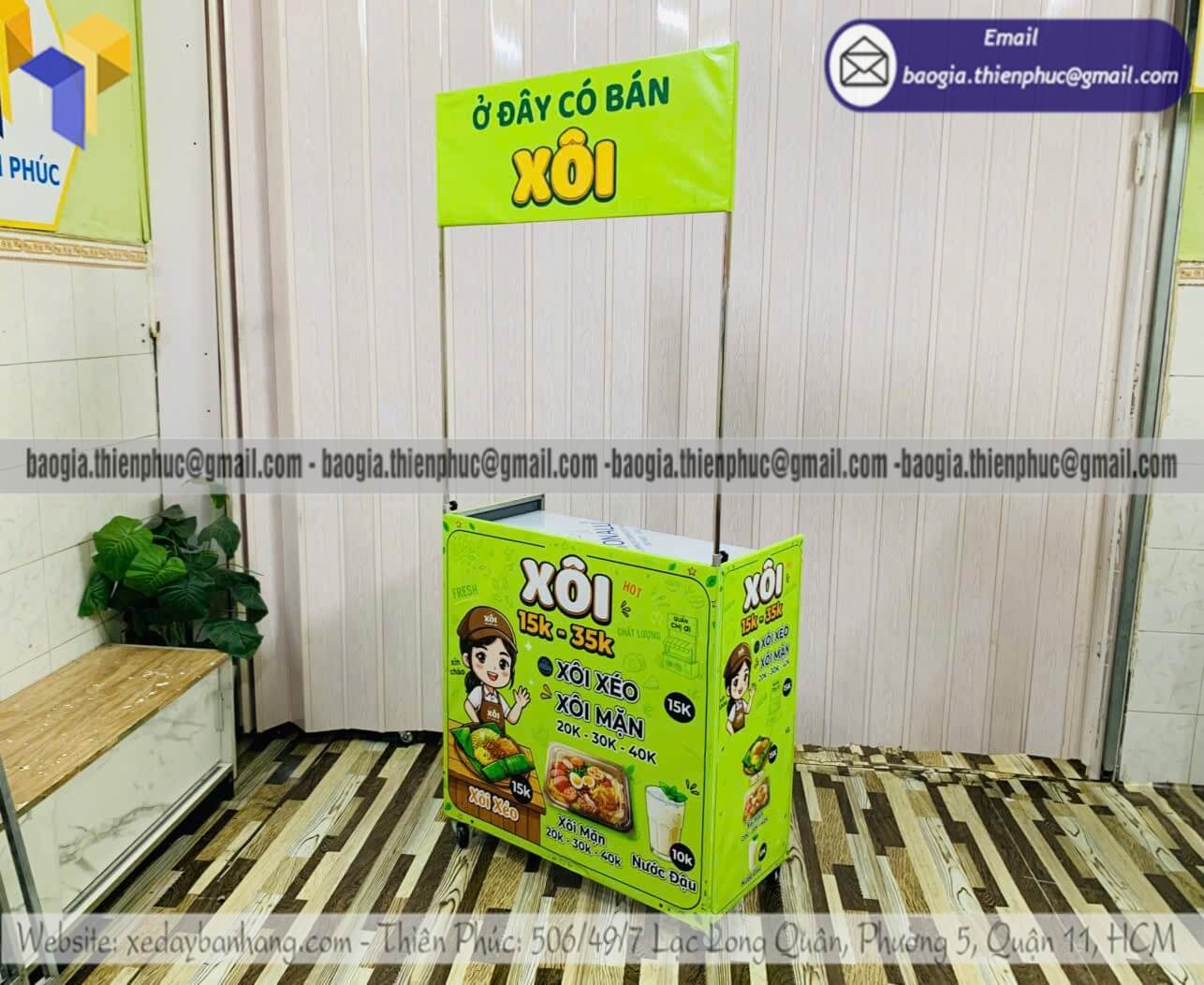 Mẫu xe lắp ráp bán xôi xếp gọn khung sắt ốp bạt gia công in logo tên quán