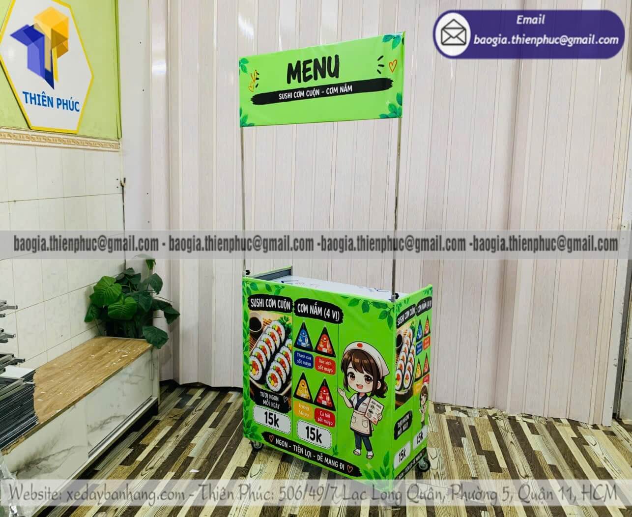 Xe bạt lắp ráp bán cơm nắm xếp gọn di động vỉa hè logo decal nhận diện quán cực chất