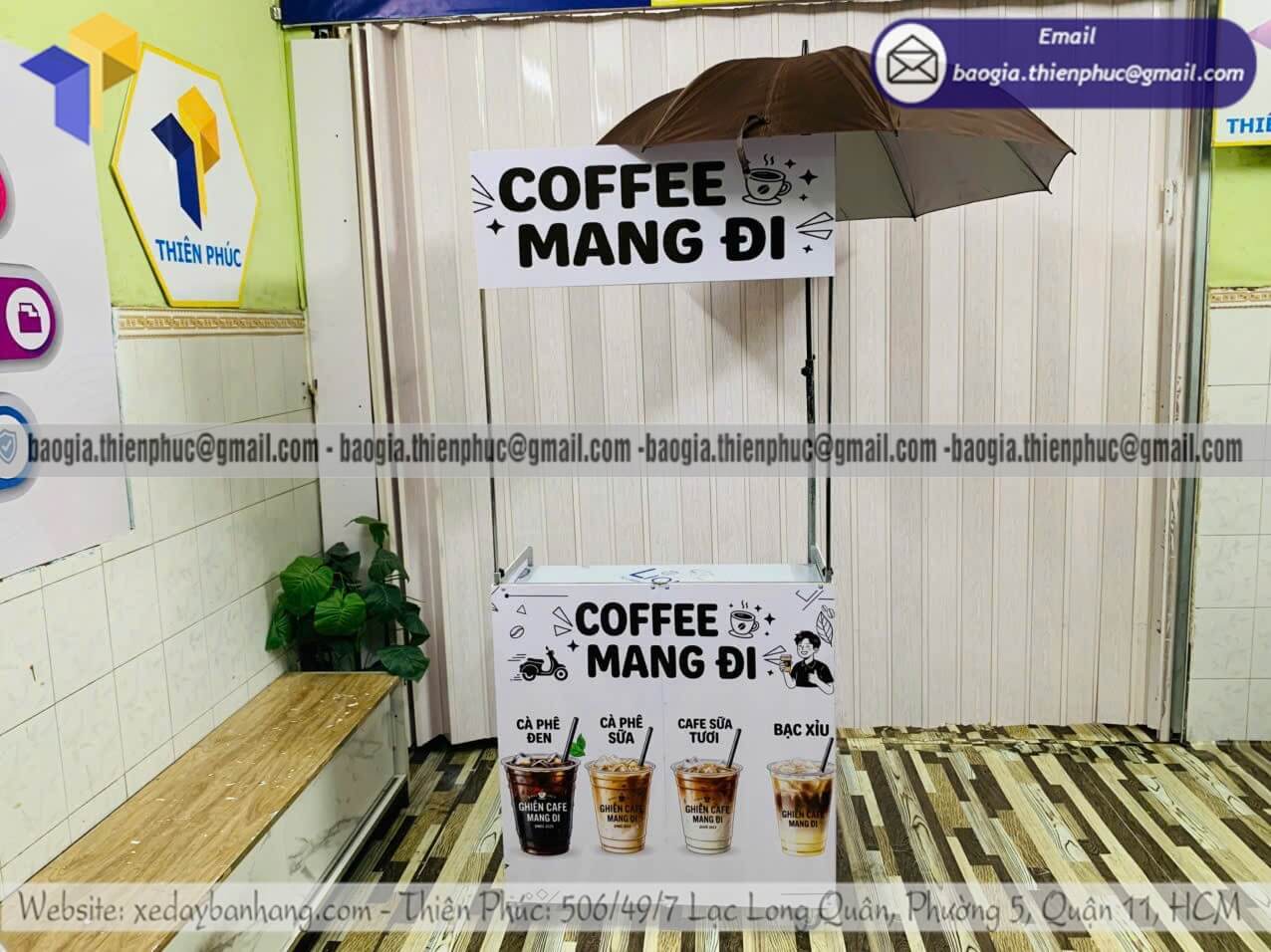 Xưởng sản xuất quầy xếp bán cafe mang đi thêm dù che
